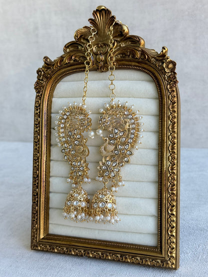 Ayura Designs Nitya Kaanphool Jhumkis – Gold Half Ear Cuff Earrings, Peacock Motifs, Kundan, Ivory Pearl Drops & Sahare