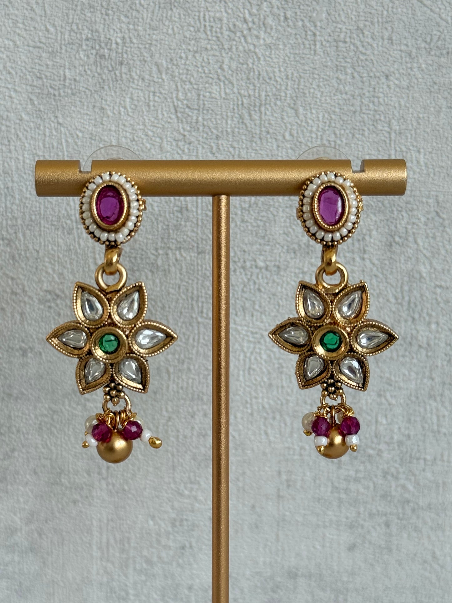 Ayura Designs Daksha Necklace Set with Earrings – Gold Layered Chain Necklace with Ruby Pink & Emerald Green Kundan Floral Motifs