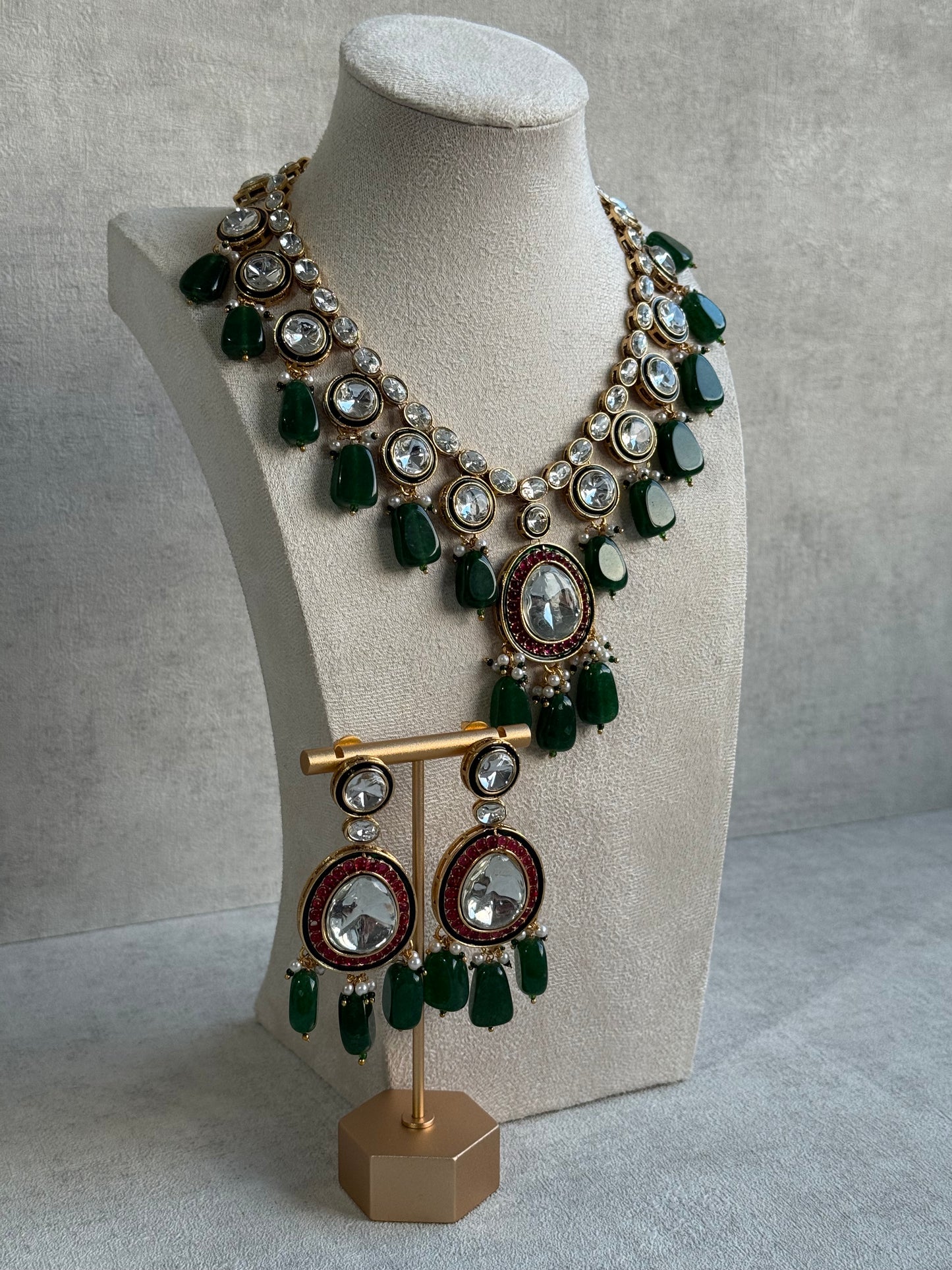 Ayura Designs Emaanat Set with Necklace & Earrings – Ruby & Emerald Accents, Polki Kundan & Antique Gold Finish