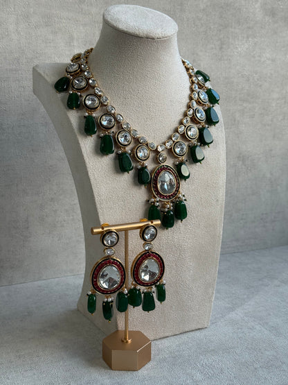 Ayura Designs Emaanat Set with Necklace & Earrings – Ruby & Emerald Accents, Polki Kundan & Antique Gold Finish