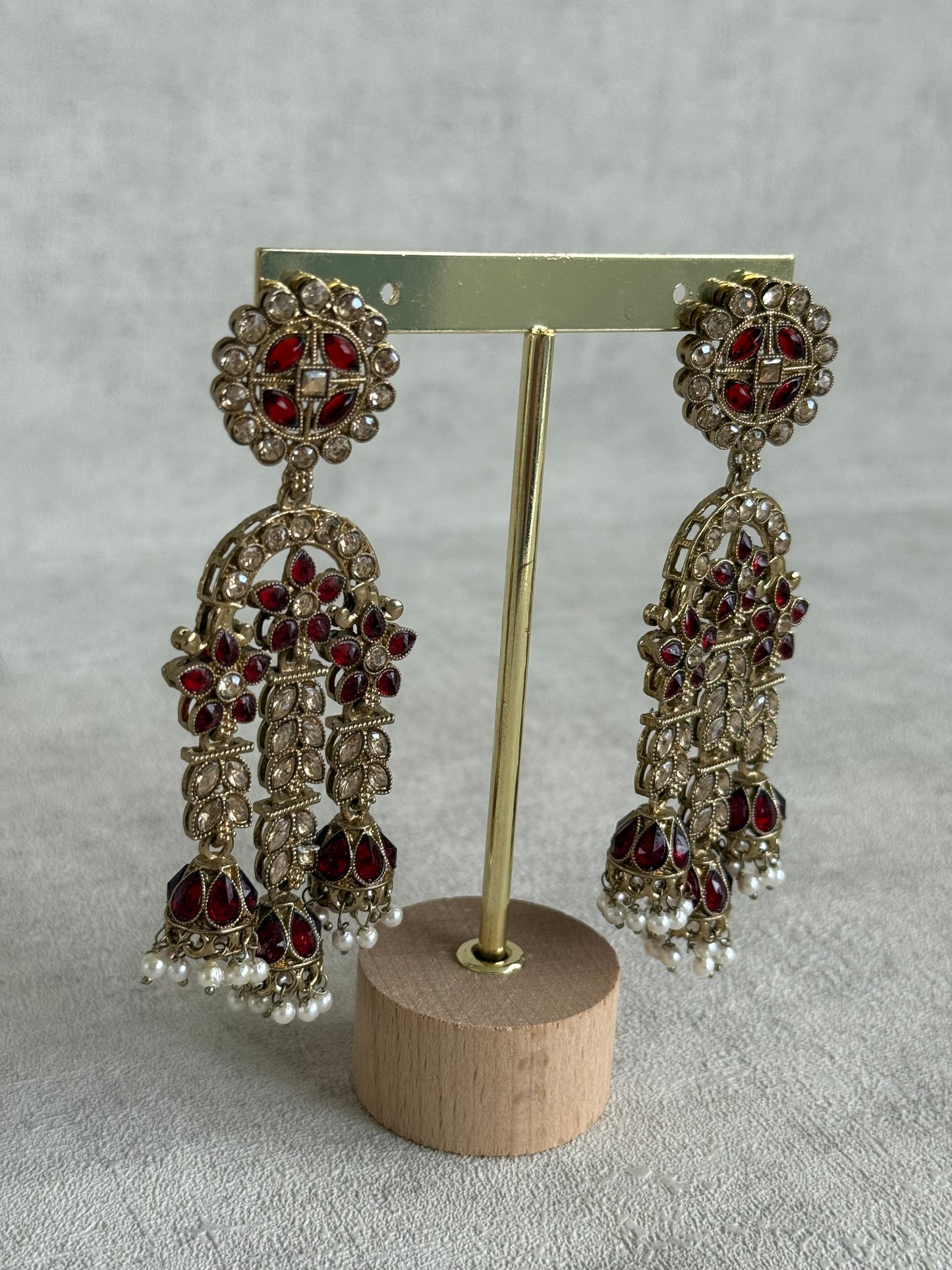 Ayura Designs Soraya Earrings – Ruby Red Stones, Champagne Crystals, Pearl Detailing & Gold Finish