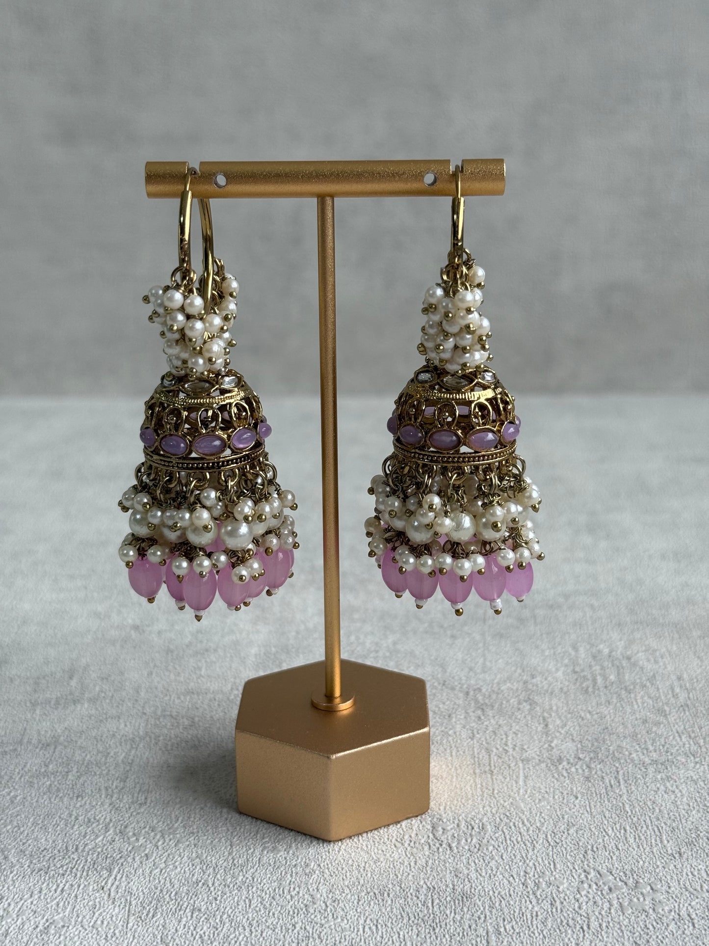 Ayura Designs Jugni Jhumkis – Antique Gold Balis with Lavender Beads & Pearl Clusters