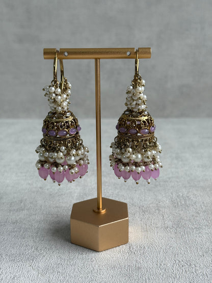 Ayura Designs Jugni Jhumkis – Antique Gold Balis with Lavender Beads & Pearl Clusters