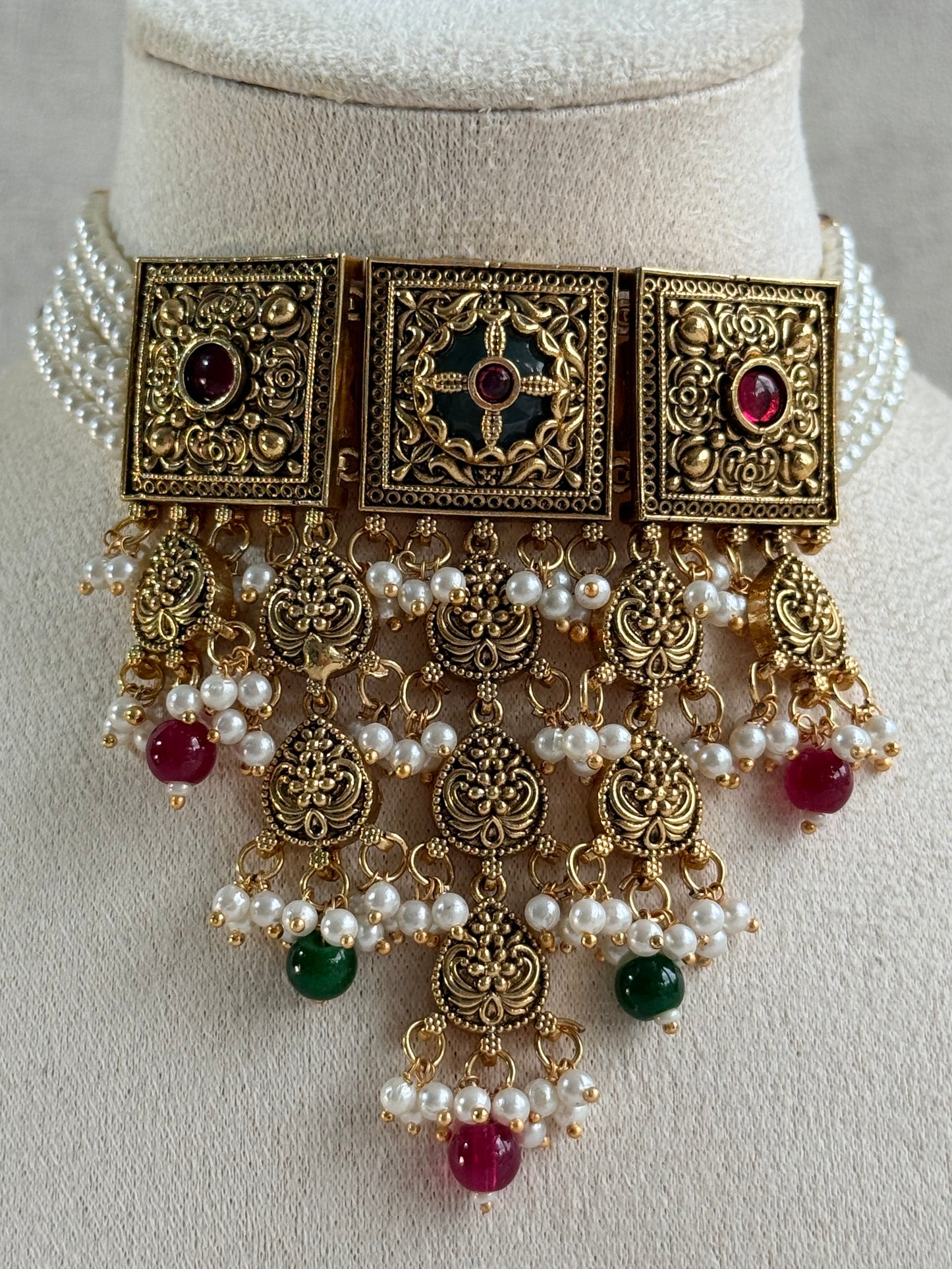 Ayura Designs Samera Choker Set with Earrings & Tikka – Rani Pink & Emerald Green Beads, Pearl Detailing, Green Centre Stone, Floral Motifs & Antique Gold Finish