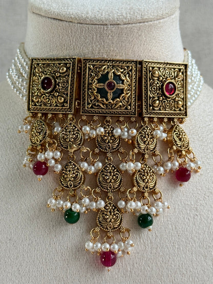 Ayura Designs Samera Choker Set with Earrings & Tikka – Rani Pink & Emerald Green Beads, Pearl Detailing, Green Centre Stone, Floral Motifs & Antique Gold Finish