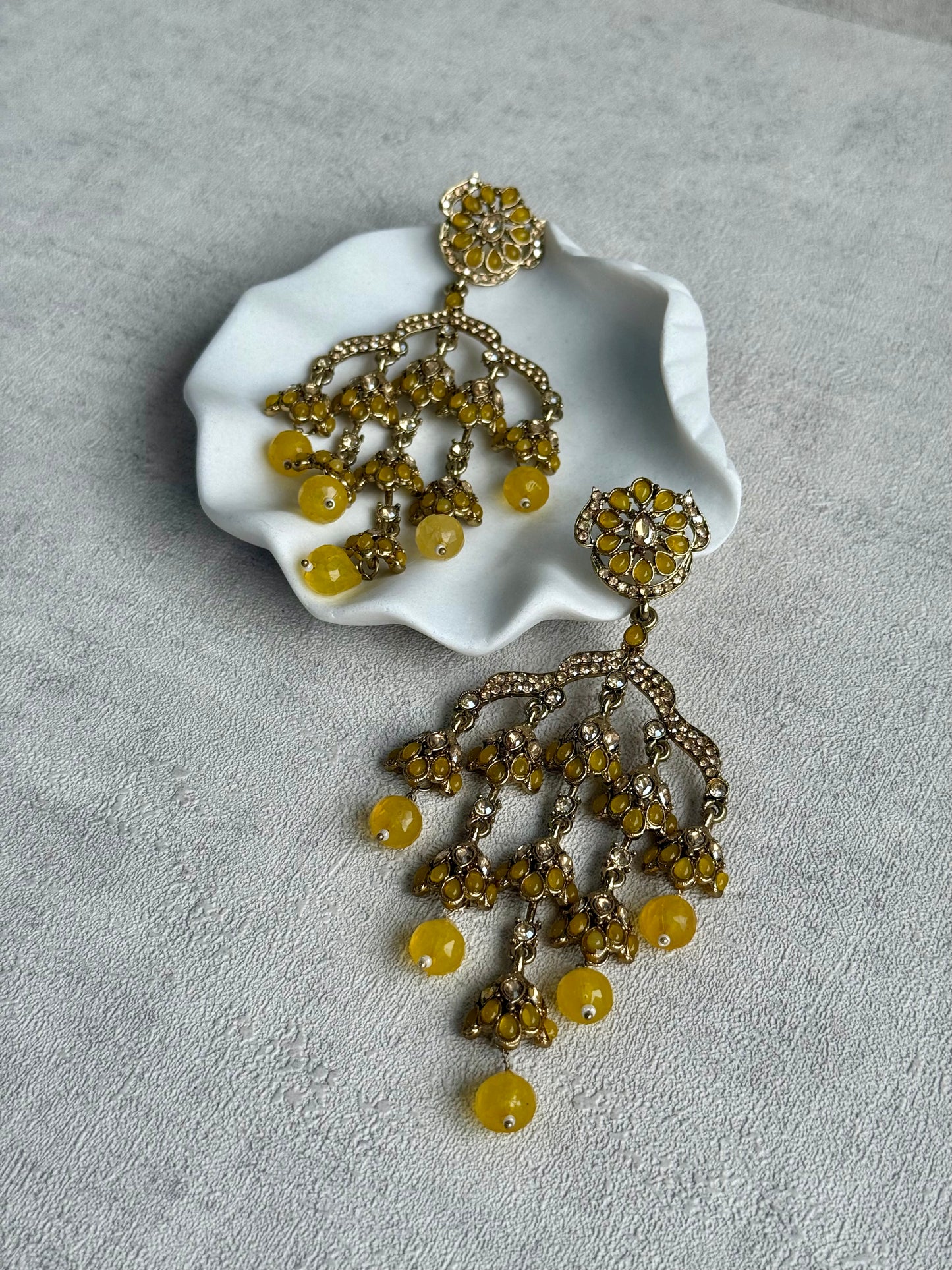 Ayura Designs Jasmine Earrings – Chandelier Statement Earrings with Yellow Beads & Antique Gold Finish