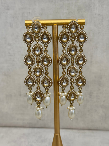 Ayura Designs Mia Earrings – Handcrafted Gold-Toned Cascading Earrings with Clear Kundan Stones, Pearl Accents & Elegant Drop Detailing