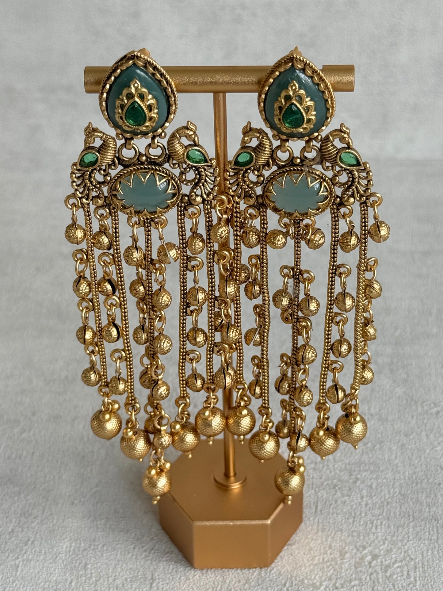 Ayura Designs Pakhi Earrings – Peacock Statement Earrings with Green Stones & Ghungroo Chain Tassels