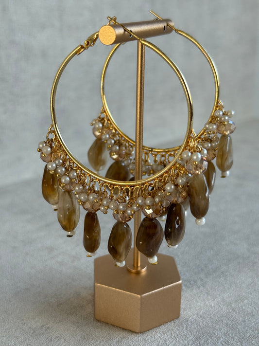 Ayura Designs Heer Balis – Gold Hoops with Mocha Marble Beads, Pearls & Crystal Detailing