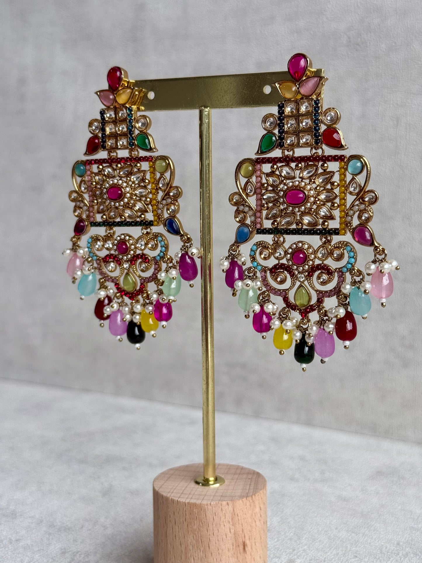 Ayura Designs Arwa Earrings – Antique Gold Finish with Multicolour Stones & Pearl Detailing