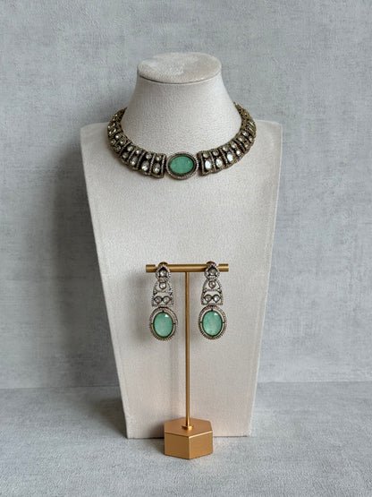 Ayura Designs Sadie Necklace Set with Earrings – Mint Green Centre Stone, Moissanite Style Stones & Crystal Halo Detailing