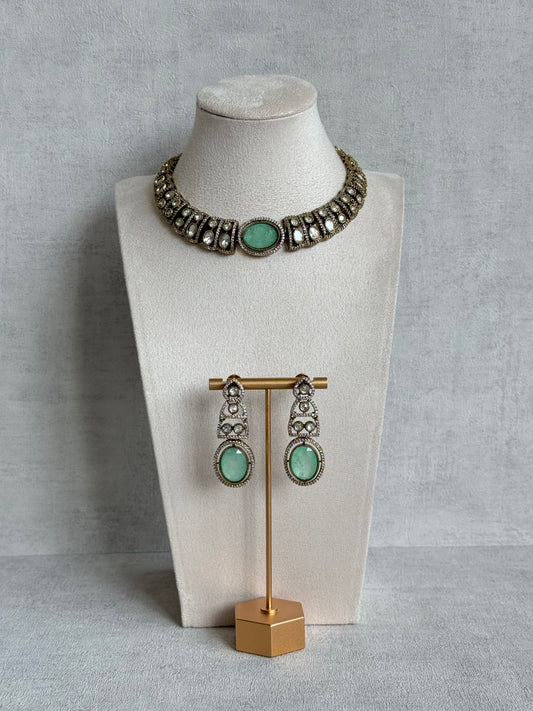 Ayura Designs Sadie Necklace Set with Earrings – Mint Green Centre Stone, Moissanite Style Stones & Crystal Halo Detailing