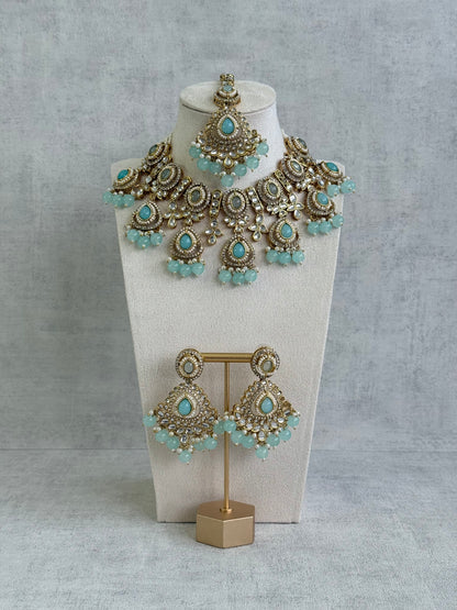 Ayura Designs Janvi Set with Necklace, Earrings & Tikka – Kundan Detailing, Aqua Blue Beads & Ivory Pearl Drops