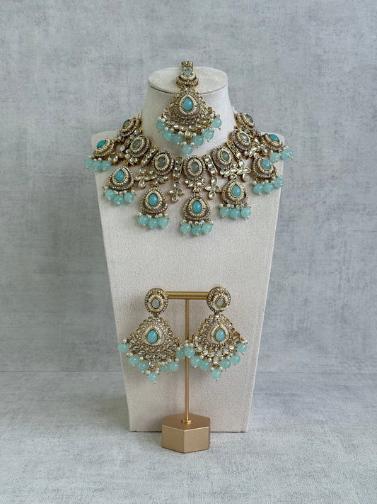 Ayura Designs Janvi Set with Necklace, Earrings & Tikka – Kundan Detailing, Aqua Blue Beads & Ivory Pearl Drops