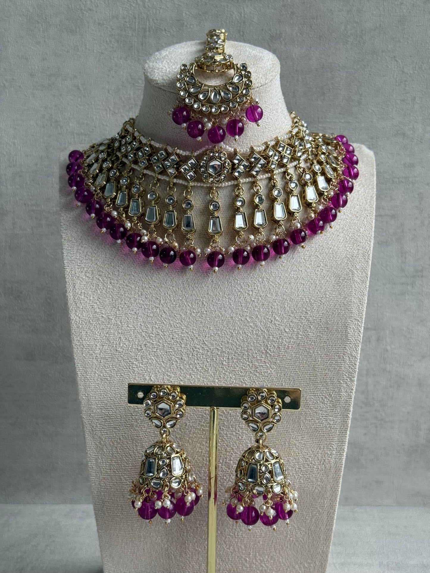 Ayura Designs Shaheen Set with Jhumkis & Tikka – Magenta Beads, Mirror Kundan & Gold Finish
