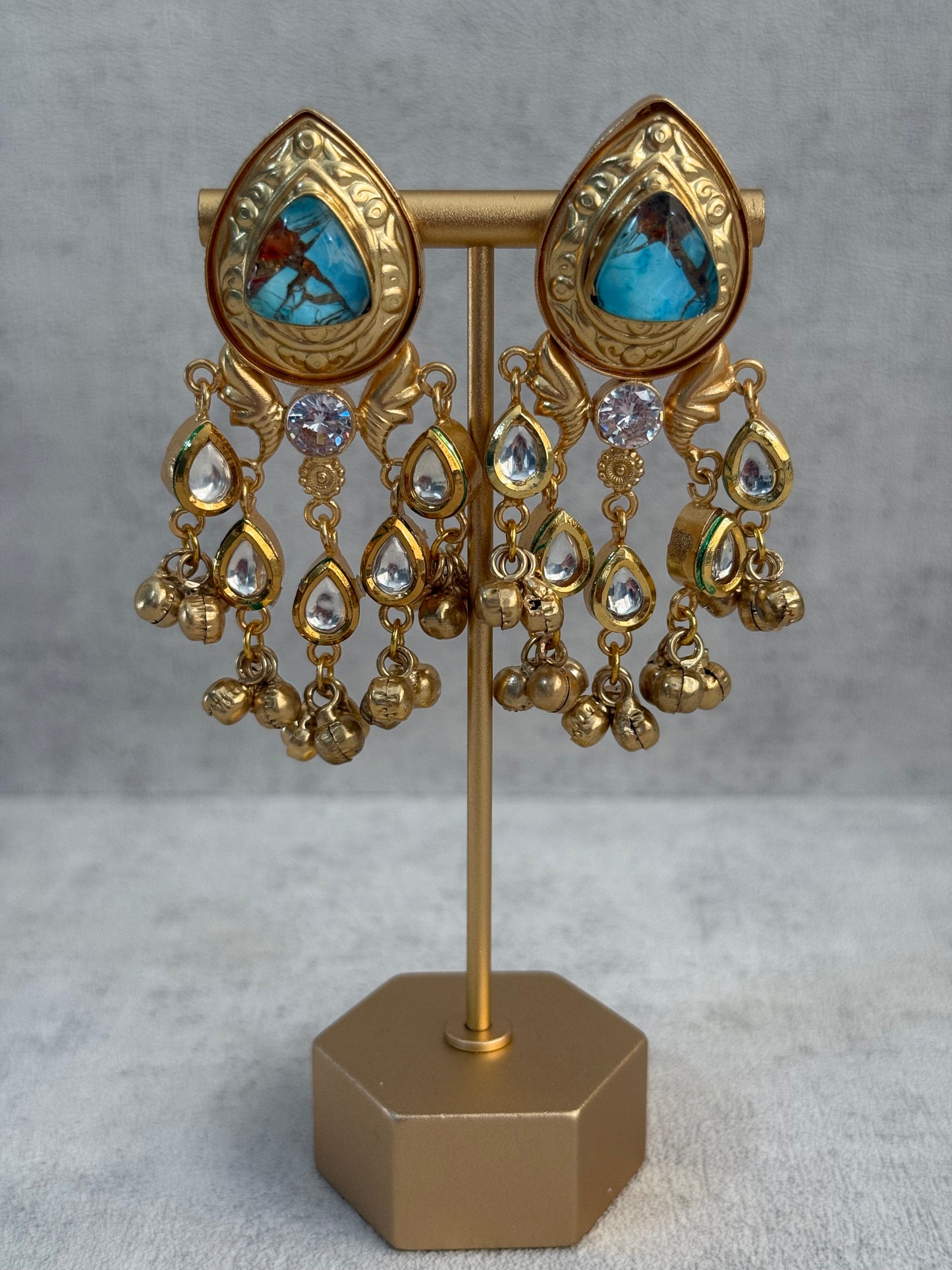Ayura Designs Arheer Earrings – Turquoise Marble with Kundan Detailing & Antique Gold Ghungroos