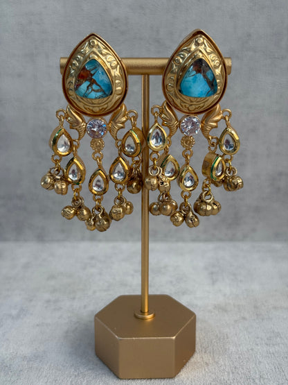 Ayura Designs Arheer Earrings – Turquoise Marble with Kundan Detailing & Antique Gold Ghungroos