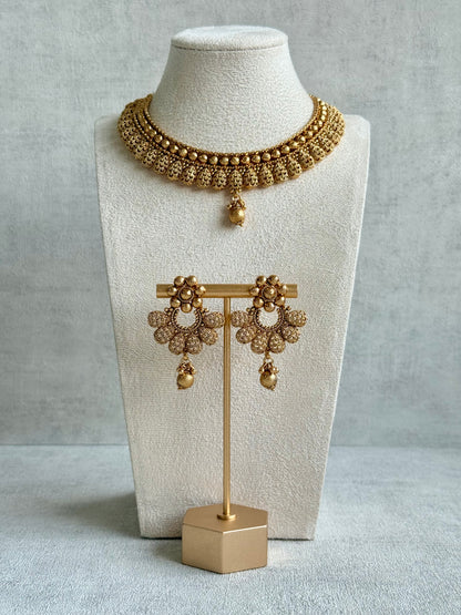 Ayura Designs Chirag Necklace Set with Earrings – Matte Gold Textured Dome Drops