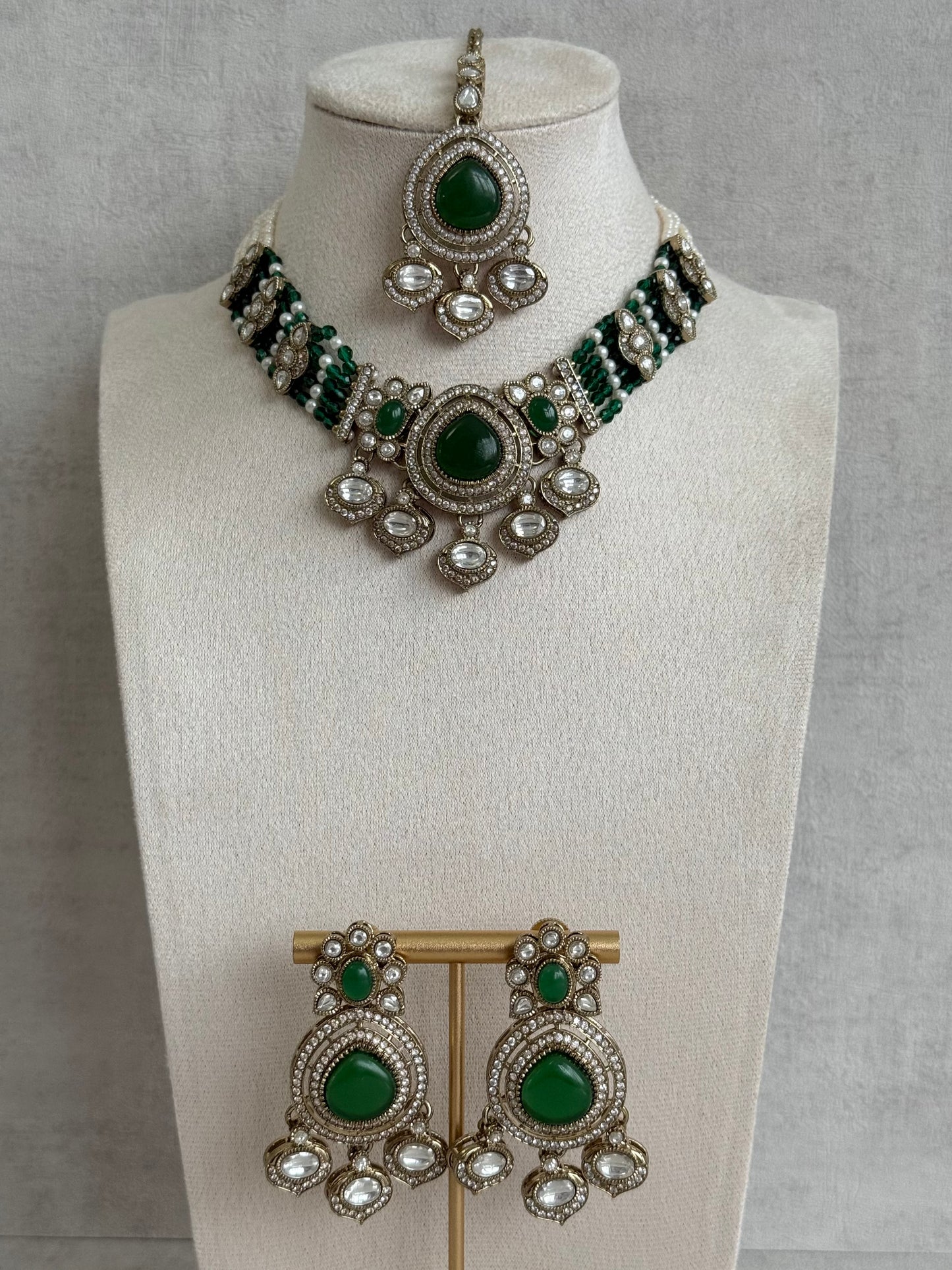 Ayura Designs Rahi Necklace Set with Earrings & Tikka – Emerald Green Stones with Mirror-Cut Detailing & Pearl Strands