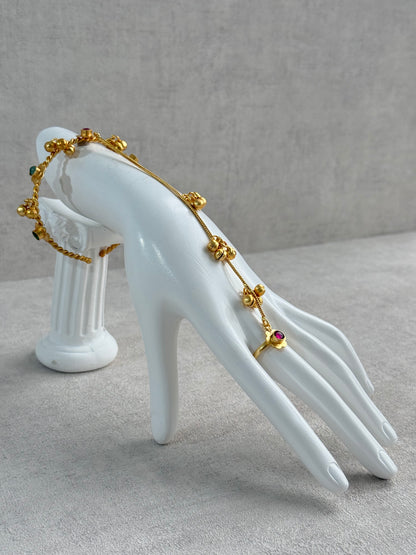Ayura Designs Kajri Haathphool Set of 2 – Gold Tone Floral Hand Harness with Multicolour Stones & Ghungroo Detailing