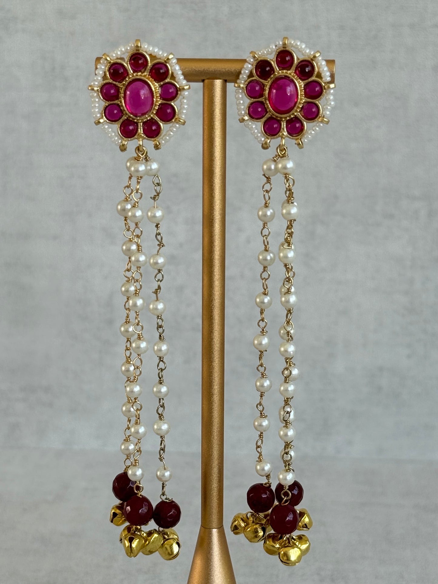 Ayura Designs Noorzar Earrings – Duster Earrings with Ruby Pink Stones, Maroon Beads, Pearl Chains & Ghungroo Detailing