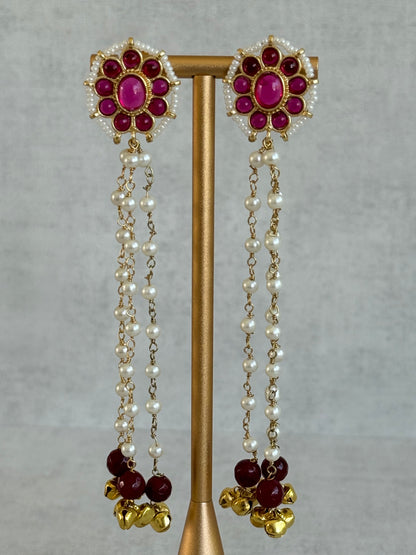 Ayura Designs Noorzar Earrings – Duster Earrings with Ruby Pink Stones, Maroon Beads, Pearl Chains & Ghungroo Detailing