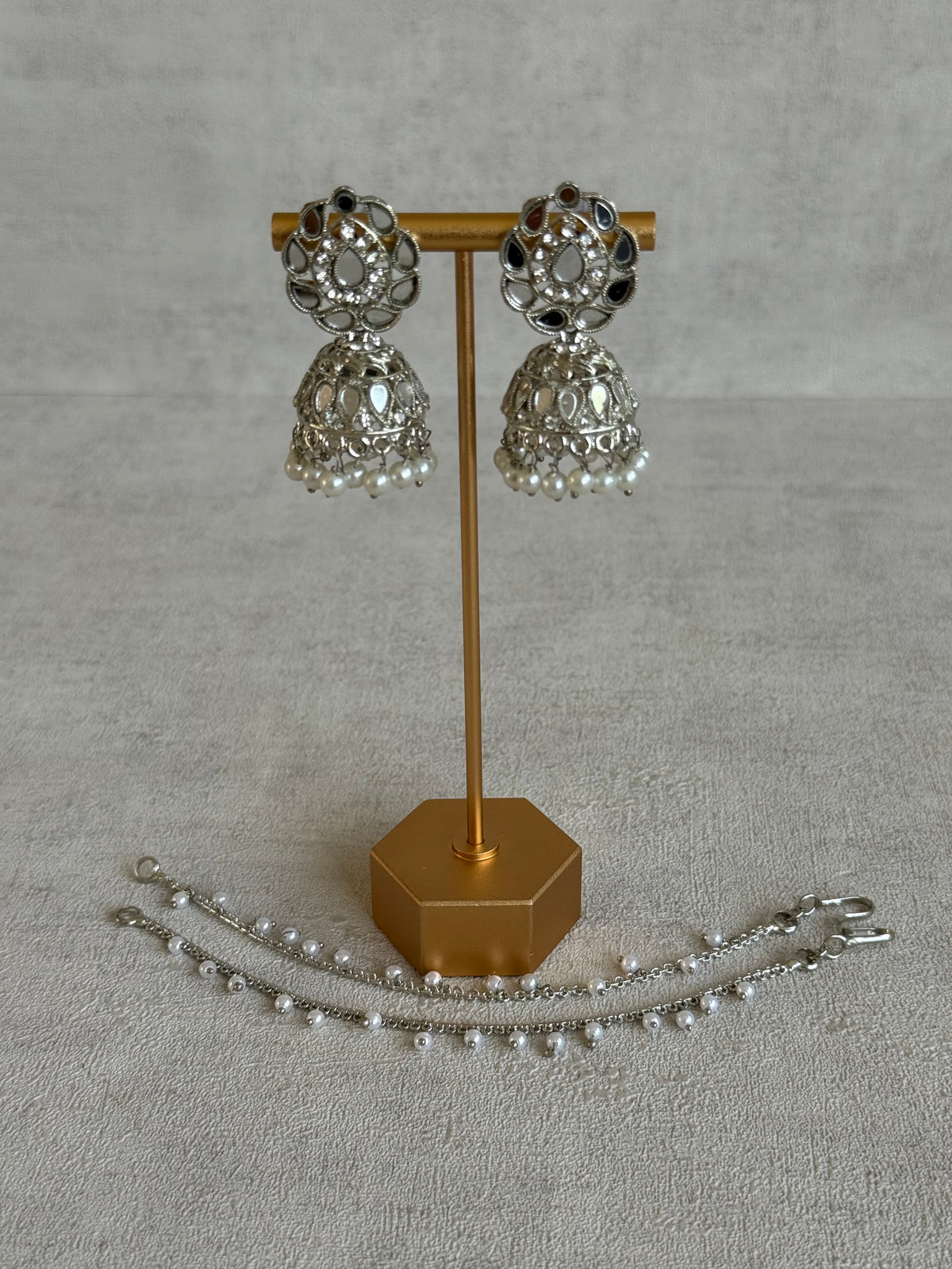 Ayura Designs Mira Jhumkis – Silver Mirror-Cut Earrings with Detachable Single-Layer Pearl Sahare