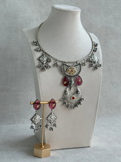 Ayura Designs Jiyana Collar Necklace Set – Rose Pink Carved Teardrop Stones & Oxidised Silver Finish