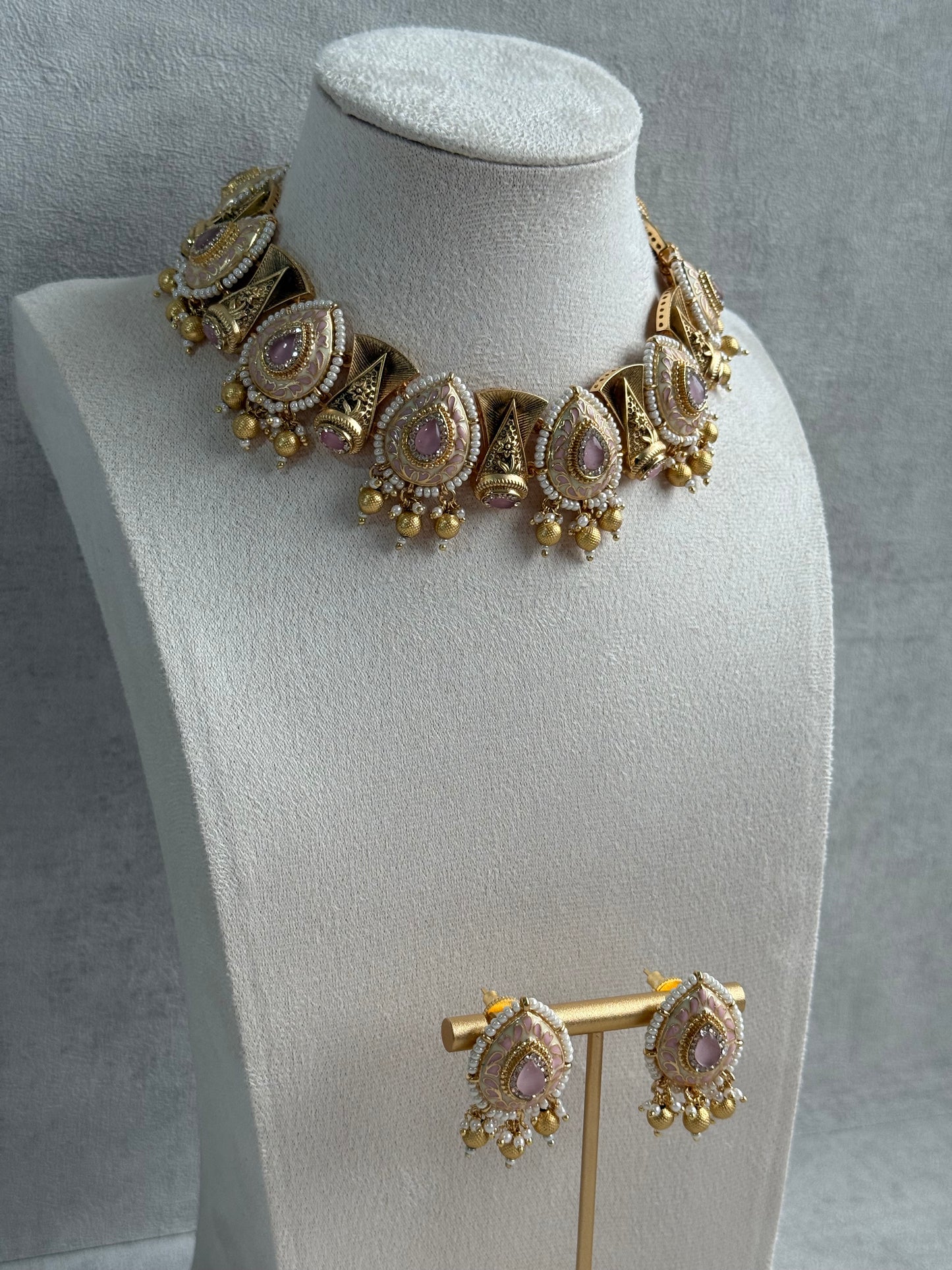 Ayura Designs Aaira Set with Necklace & Studs – Blush Pink Meenakari with Rose Pink Centre & Pearl Detailing