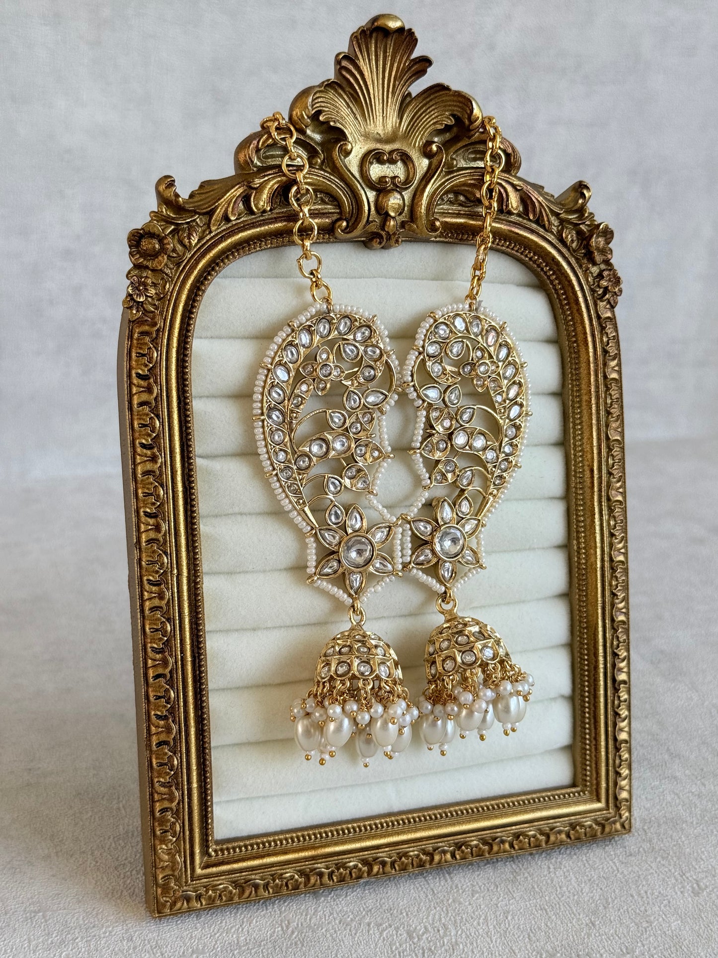 Ayura Designs Urisha Ear Climber Jhumkis – Pearl & Kundan Earrings, Indian Pakistani Bridal Wedding Jewellery