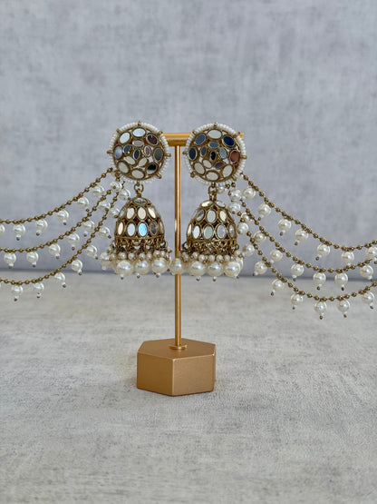 Ayura Designs Aaina Jhumkis with Sahare – Antique Gold Mirror Work & Pearl Earrings