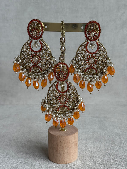 Ayura Designs Almas Tikka Set with Earrings, Tikka & Sahara – Orange Beads & Antique Gold Finish