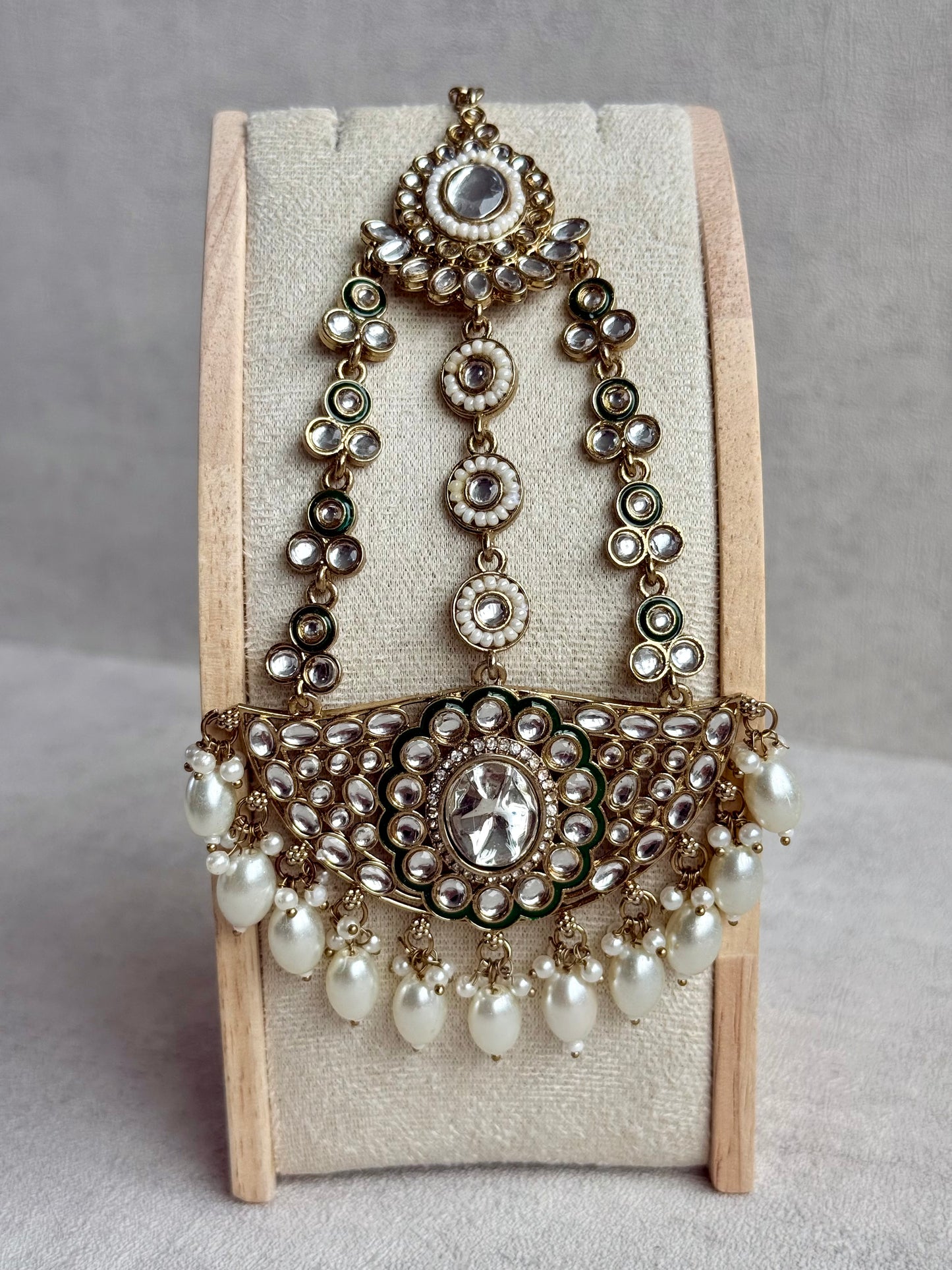 Ayura Designs Uma Jhoomar Passa – Kundan Jhoomar with Ivory Pearl Drops & Green Enamel Detailing