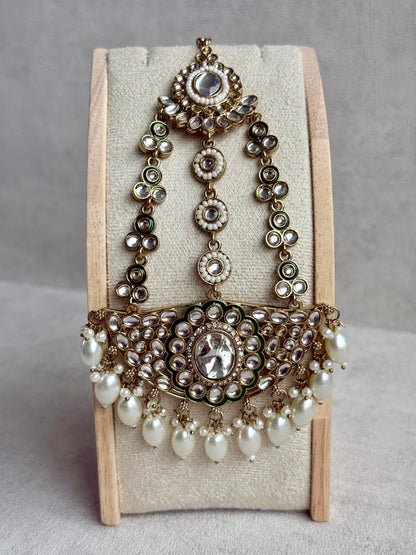Ayura Designs Uma Jhoomar Passa – Kundan Jhoomar with Ivory Pearl Drops & Green Enamel Detailing