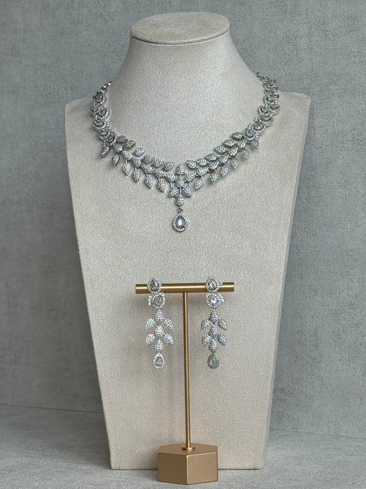 Ayura Designs Vivienne Set with Necklace & Earrings – Silver Finish with Teardrop Crystals and Clustered Leaf Detailing