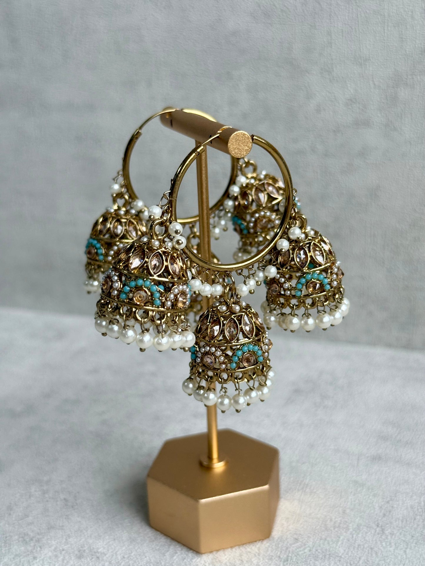 Ayura Designs Nakhra Balis – Aqua Blue Triple Dome Earrings with Mirror-Cut Stones & Pearl Detailing