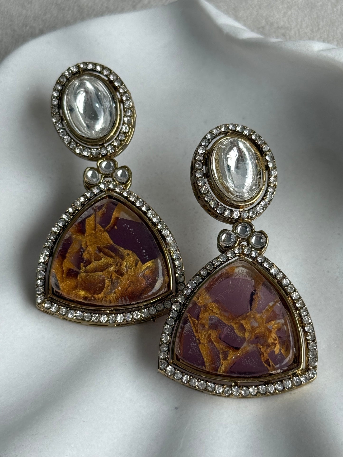 Ayura Designs Florence Earrings – mirror cut studs with Berry Pink Marble Resin & Crystal Borders