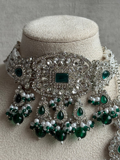 Ayura Designs Nandhini Set – Choker, Earrings & Tikka with Ruby Red Stones, Pearls & Silver Finish