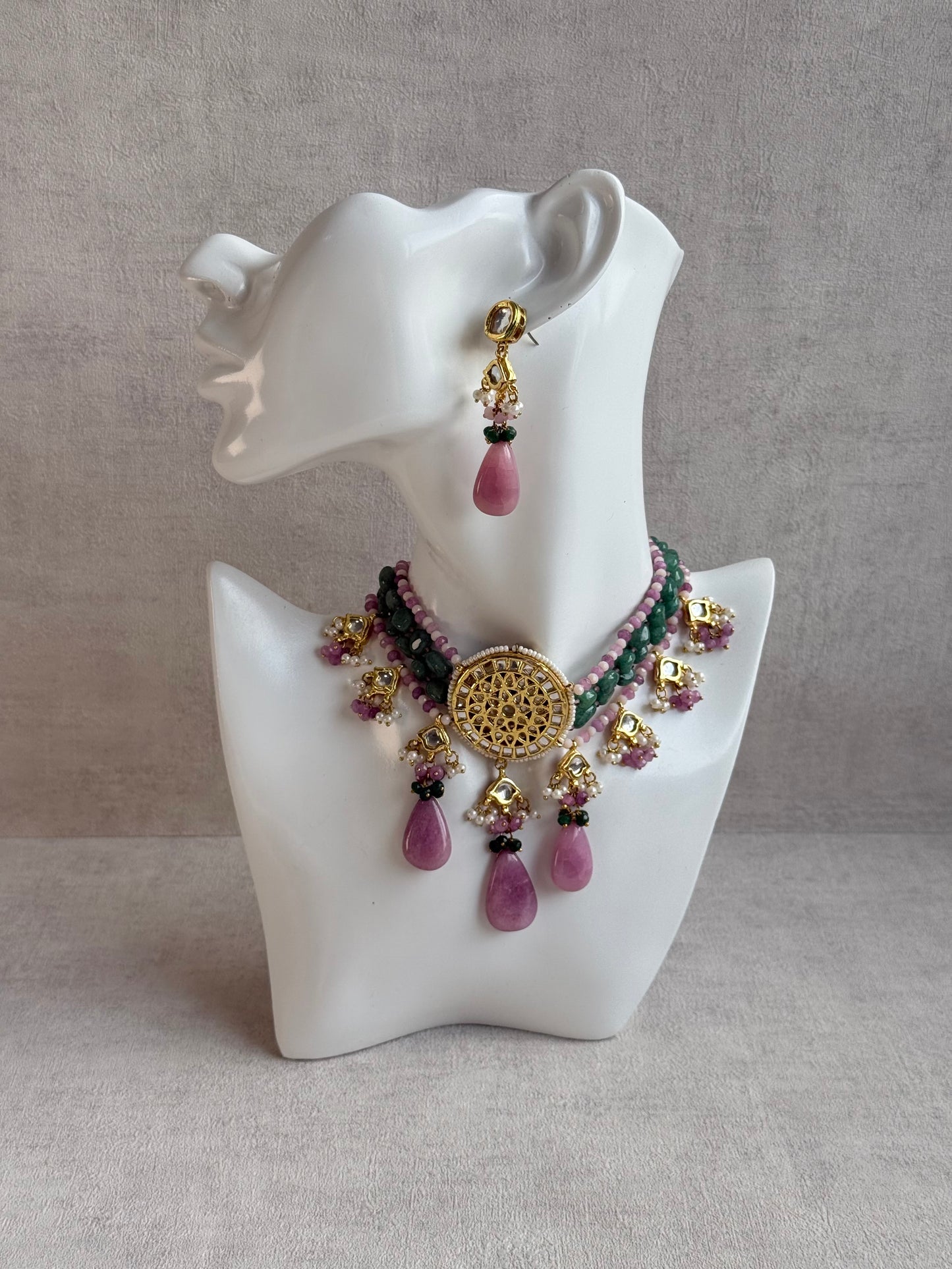 Ayura Designs Rabeeya Kundan Choker Set with Earrings – Blush Pink & Emerald Green Bead Detailing