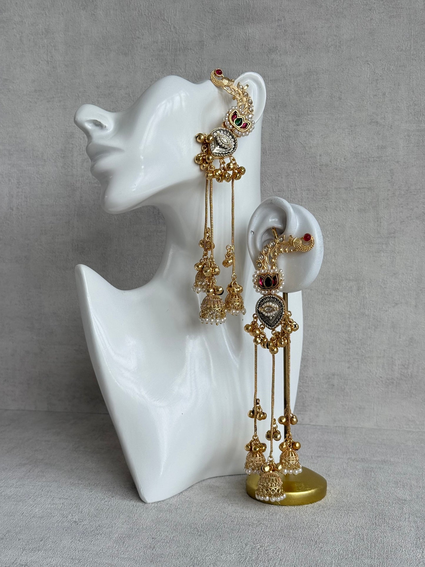 Ayura Designs Kaifiya Earrings – Peacock-Inspired Half Ear Cuff Jhumkis with Ruby Pink & Emerald Stones