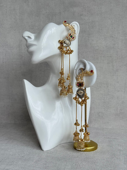Ayura Designs Kaifiya Earrings – Peacock-Inspired Half Ear Cuff Jhumkis with Ruby Pink & Emerald Stones