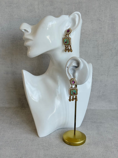Ayura Designs Inira Drop Earrings – Mint Green Enamel Bird Earrings with Rani Pink Kundan & Ghungroo Drops