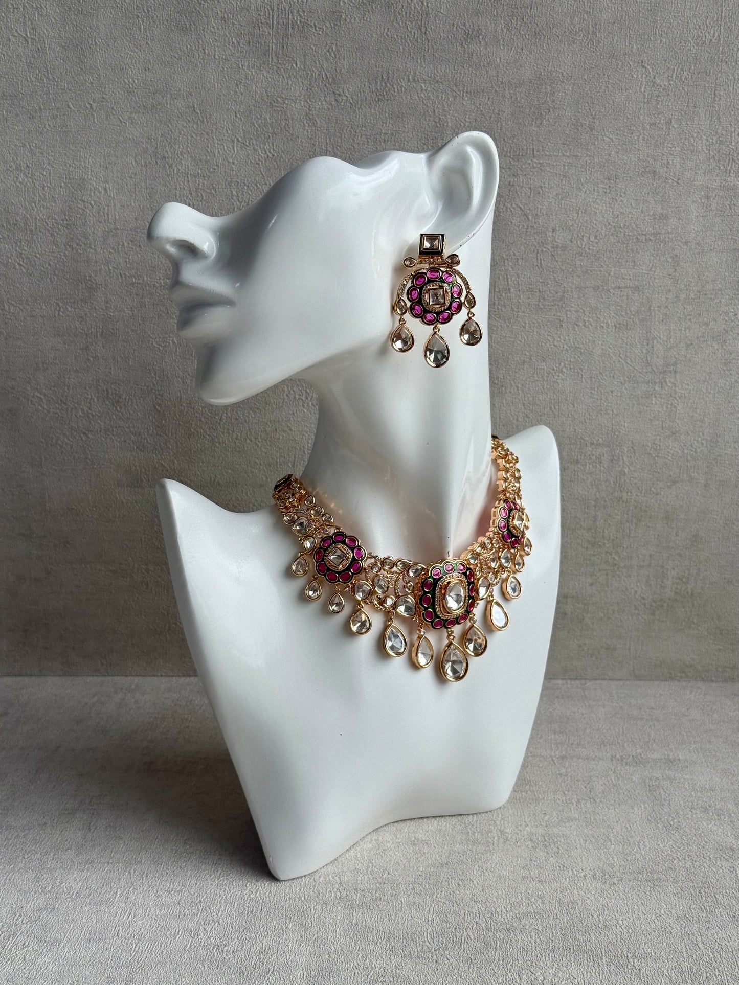 Ayura Designs Ishika Set – Kundan Necklace with Pink & Green Meenakari and Teardrop Crystals