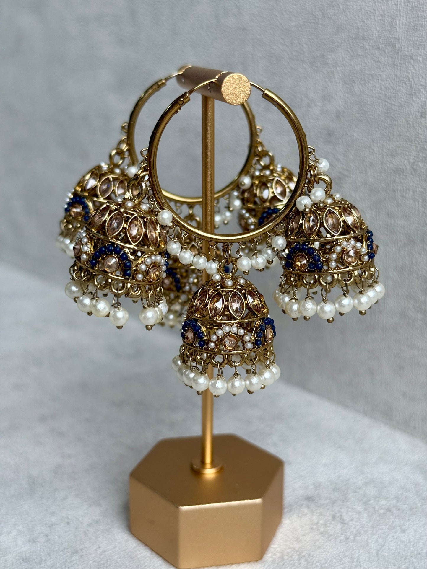 Ayura Designs Nakhra Balis – Blue Triple Dome Earrings with Pearl Clusters & Mirror-Cut Detailing