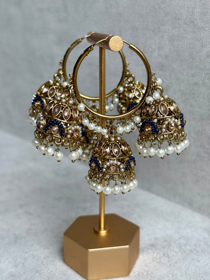 Ayura Designs Nakhra Balis – Blue Triple Dome Earrings with Pearl Clusters & Mirror-Cut Detailing