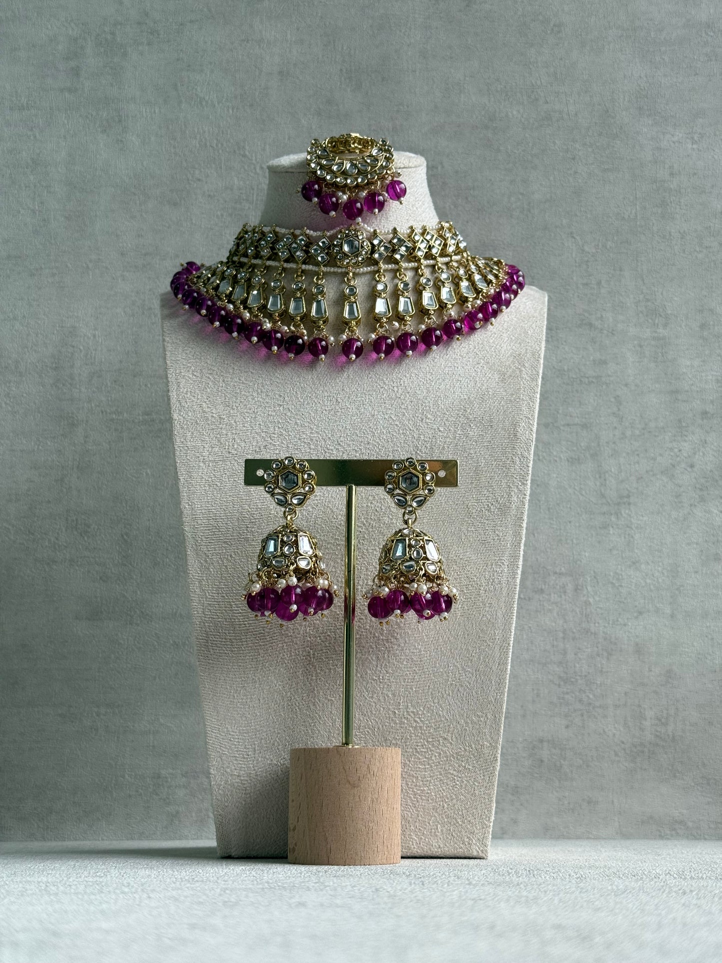 Ayura Designs Shaheen Set with Jhumkis & Tikka – Magenta Beads, Mirror Kundan & Gold Finish
