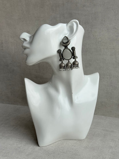 Ayura Designs Qissa Earrings – Oxidised Triple Jhumki Earrings with Opal Grey Stones & Pearl Detailing