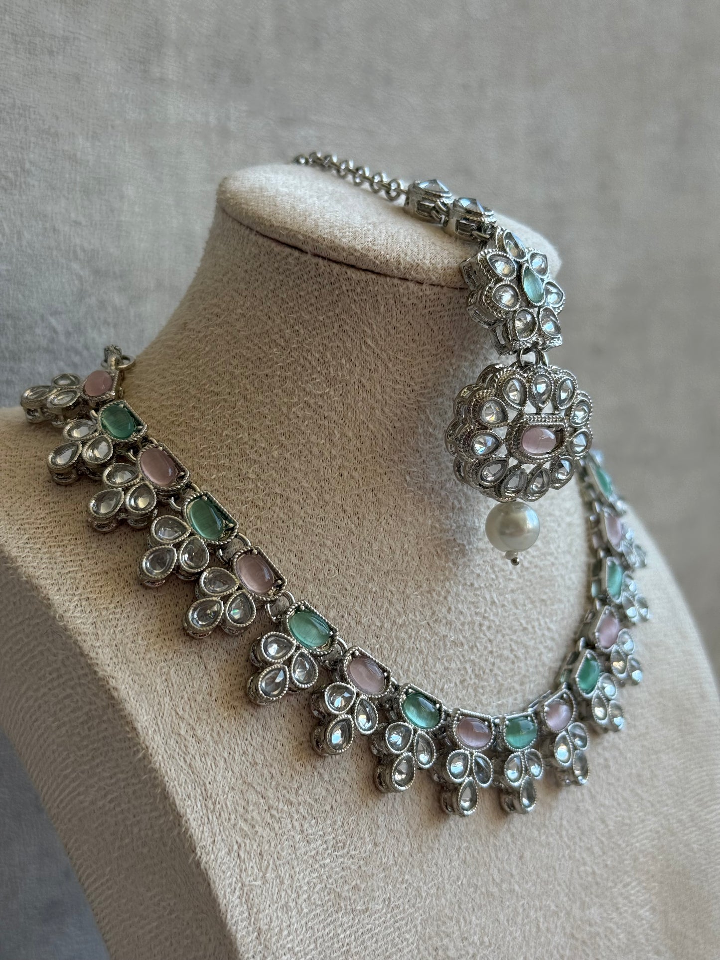 Ayura Designs Sumbul Set with Necklace, Earrings & Tikka – Mint & Blush Stones, Mirror-Cut Accents & Pearl Drops