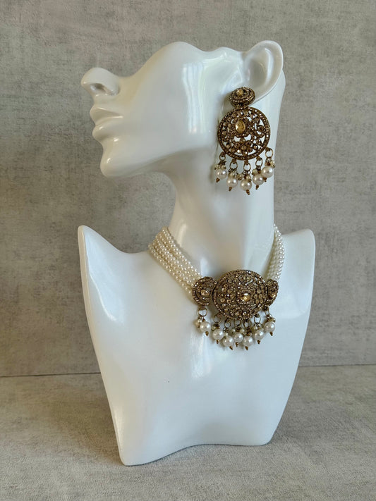 Ayura Designs Saloni Choker Set with Earrings – Antique Gold Finish, Champagne Stones & Pearl Tassels