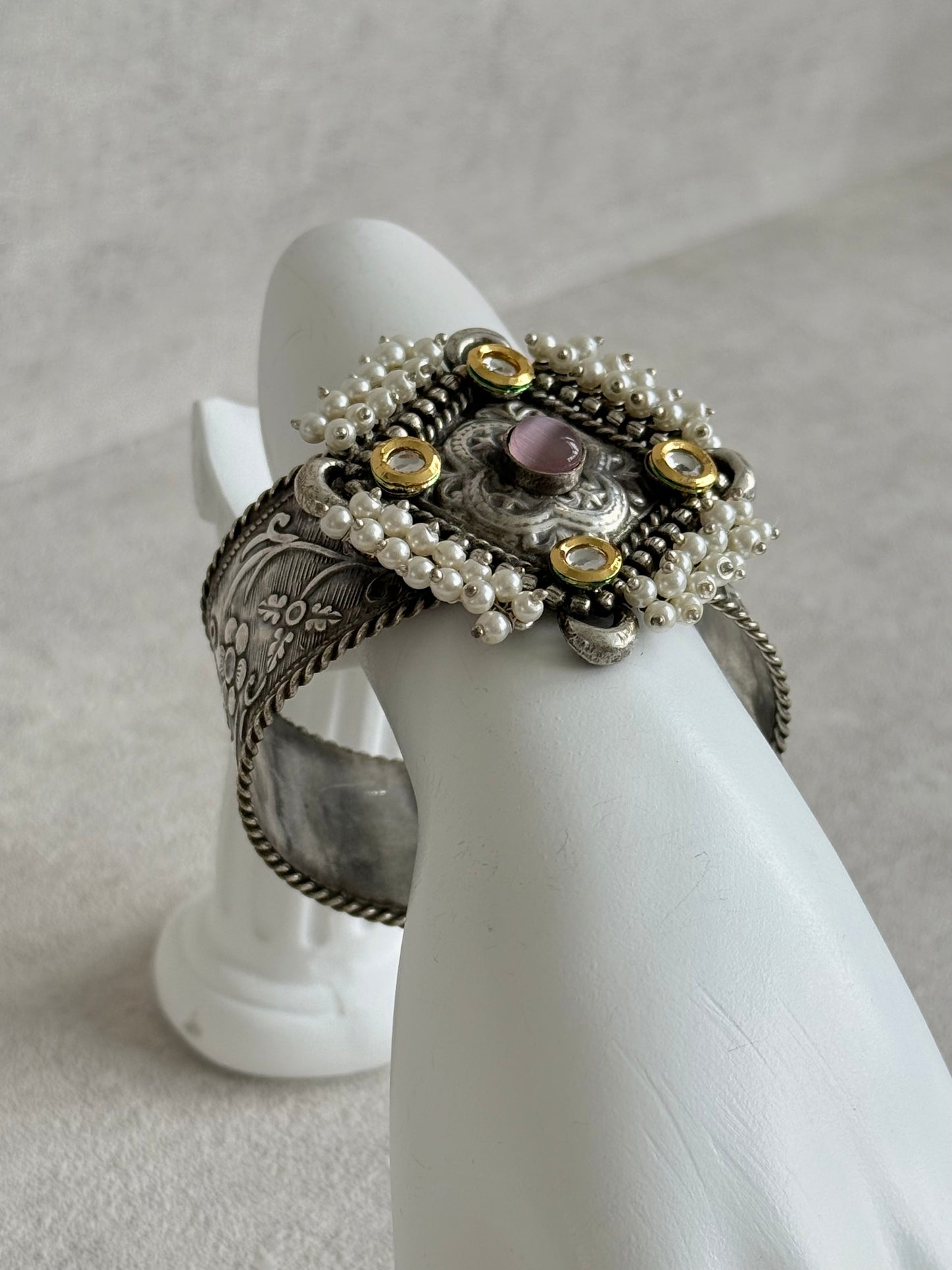 Ayura Designs Suhani Adjustable Kashmiri Cuff Bracelet – Pearl Floral Motif with Pink Stone & Kundan Detailing